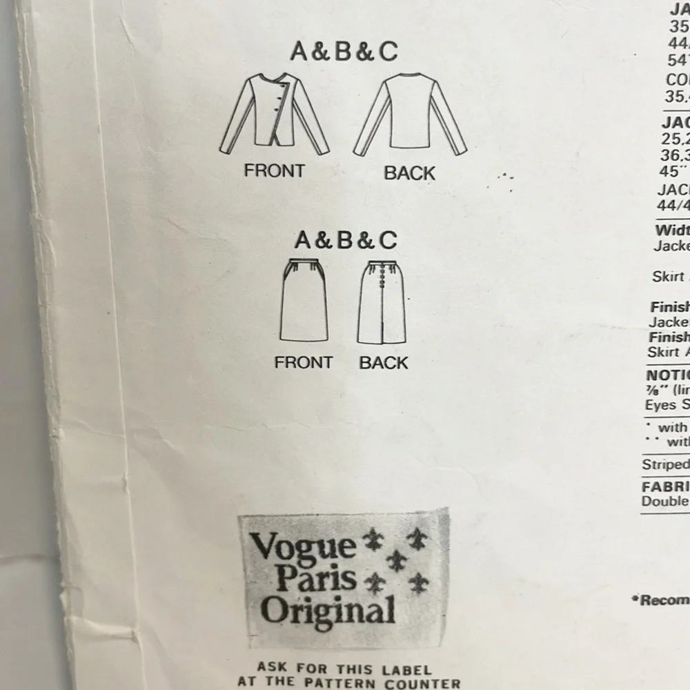 Vintage Vogue Sewing Pattern V2470 Skirt Suit Christian Dior 1980s Women NEW 12‎